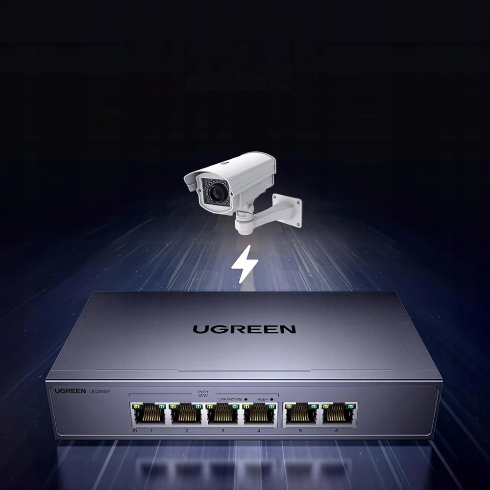 Šakotuvas „Ugreen“ 6 prievadų 1 Gb/s Ethernet komutatorius su PoE – rutulinis