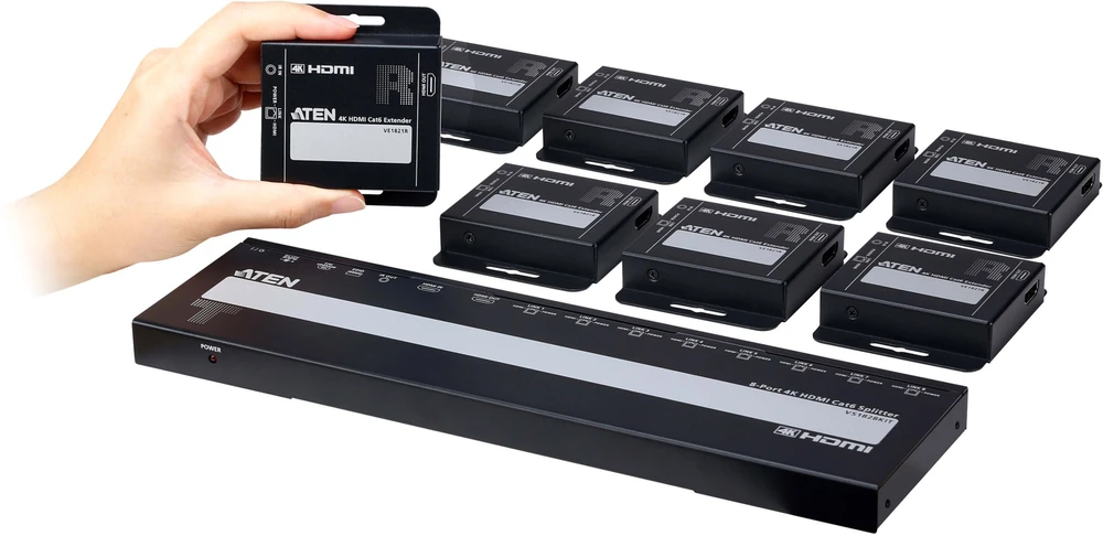 Šakotuvas System przekazu sygnału AV Aten ATEN VS1828KIT 8-portowy rozgałęźnik 4K HDMI Cat6 su 8 odbiornikami