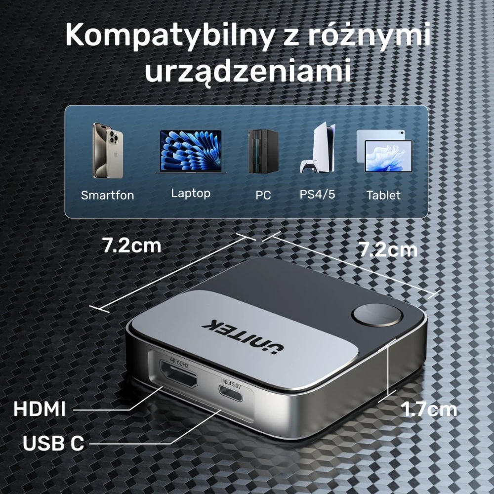 Unitek HDMI siųstuvas su matmenimis ir jungtimis