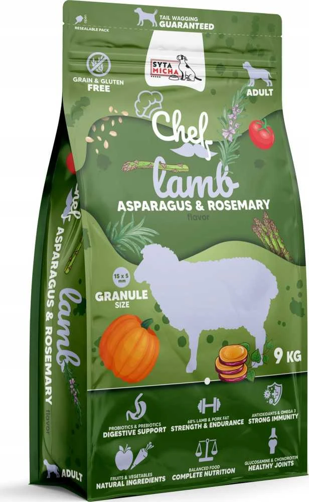 Sausas Šunų Maistas - SYTA MICHA Chef Ėriena, Šparagai, Rozmarinas, 31% Baltymų, 9kg