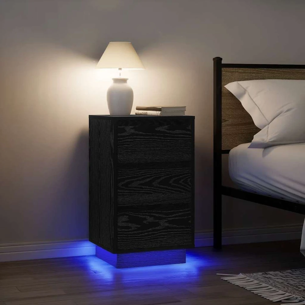 Spintelė prie lovos su LED lemputėmis Juoda 38x34x65 cm