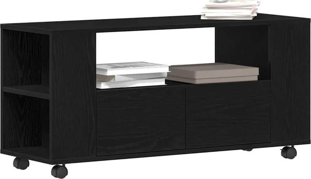TV staliukas TV spintelė su ratukais, juodas ąžuolas, 102x34,5x43cm, mediena