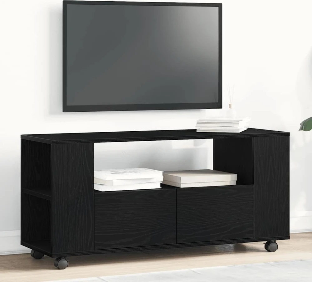 TV staliukas TV spintelė su ratukais, juodas ąžuolas, 102x34,5x43cm, mediena