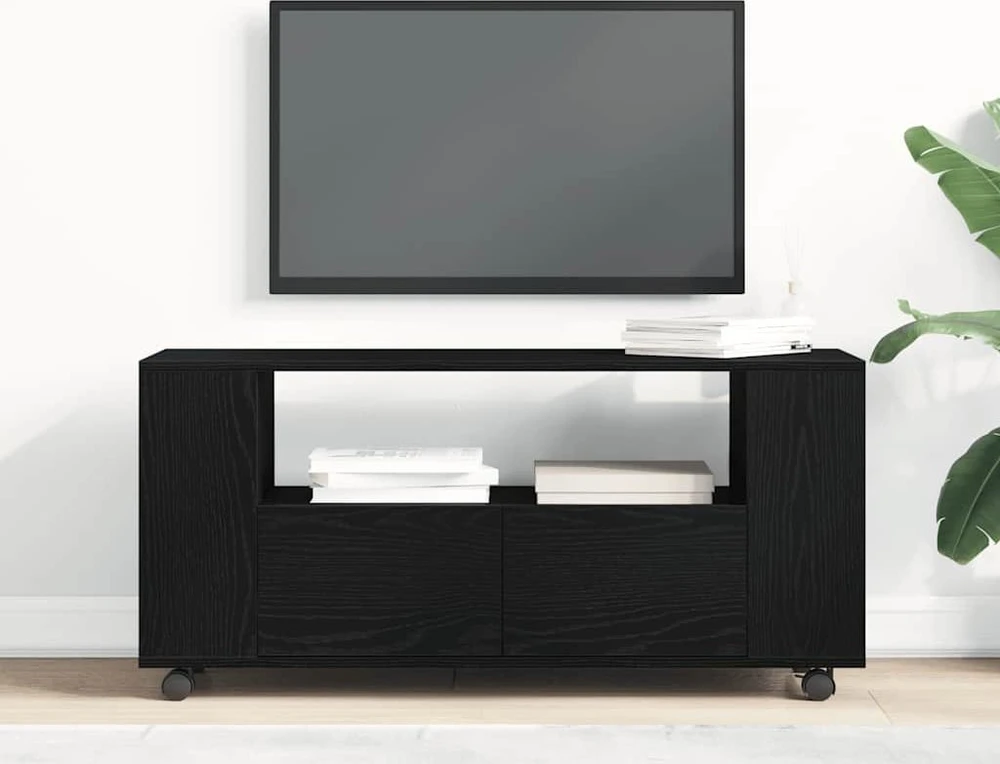 TV staliukas TV spintelė su ratukais, juodas ąžuolas, 102x34,5x43cm, mediena