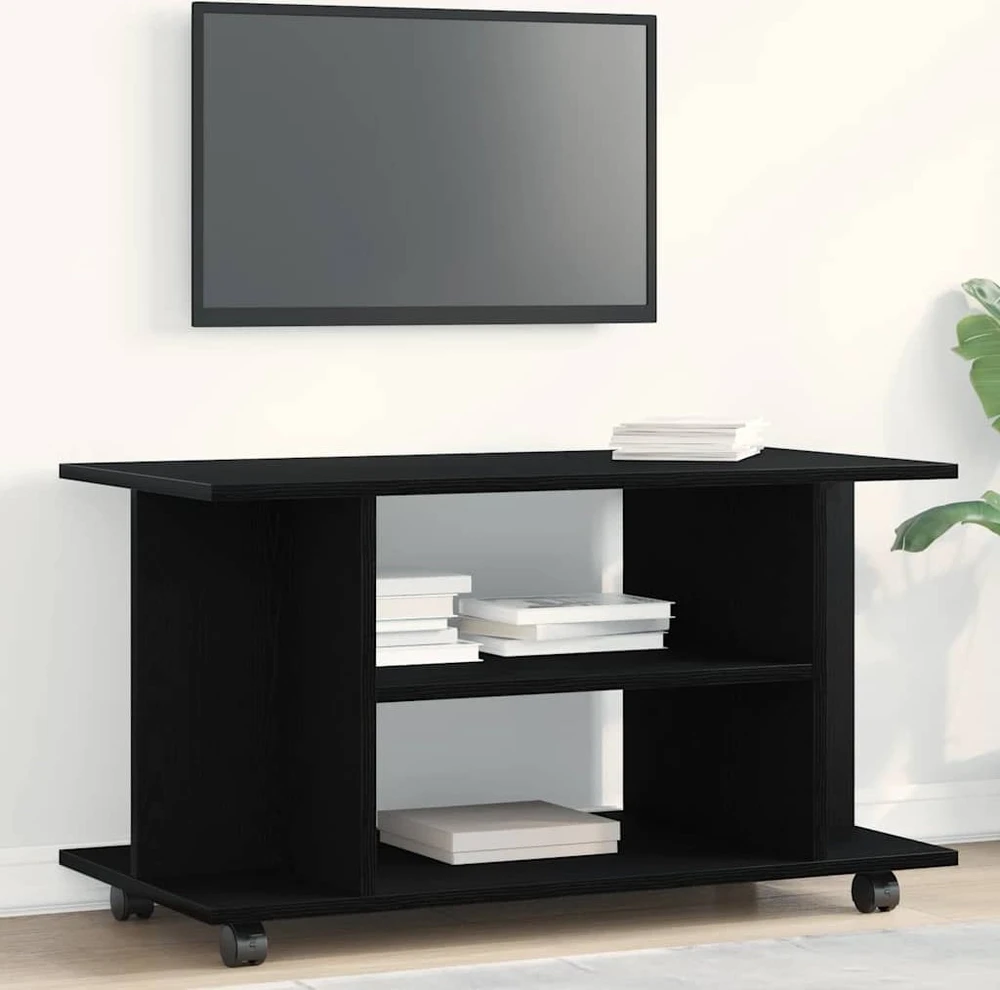 TV staliukas TV spintelė su ratukais, juodo ąžuolo spalvos, 80x40x45 cm, inžinerinė mediena