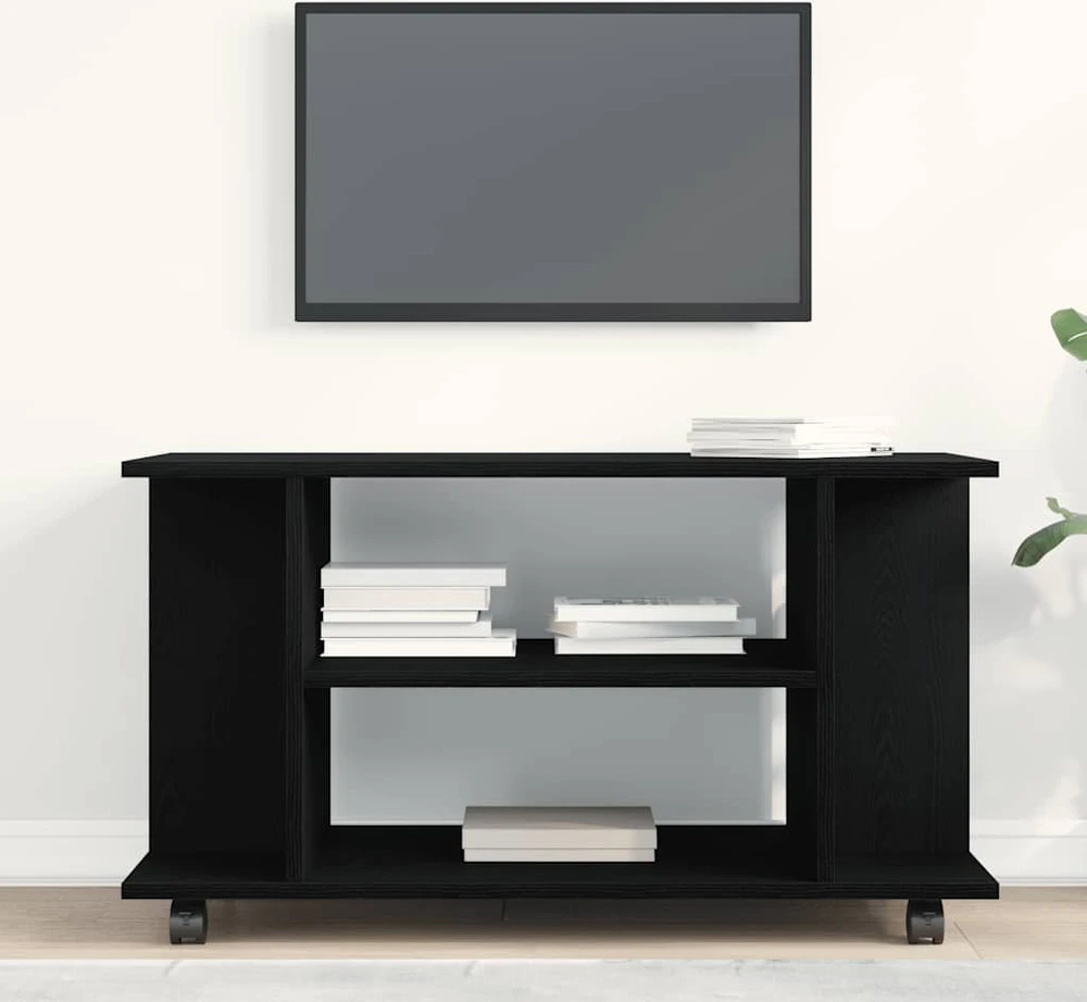 TV staliukas TV spintelė su ratukais, juodo ąžuolo spalvos, 80x40x45 cm, inžinerinė mediena