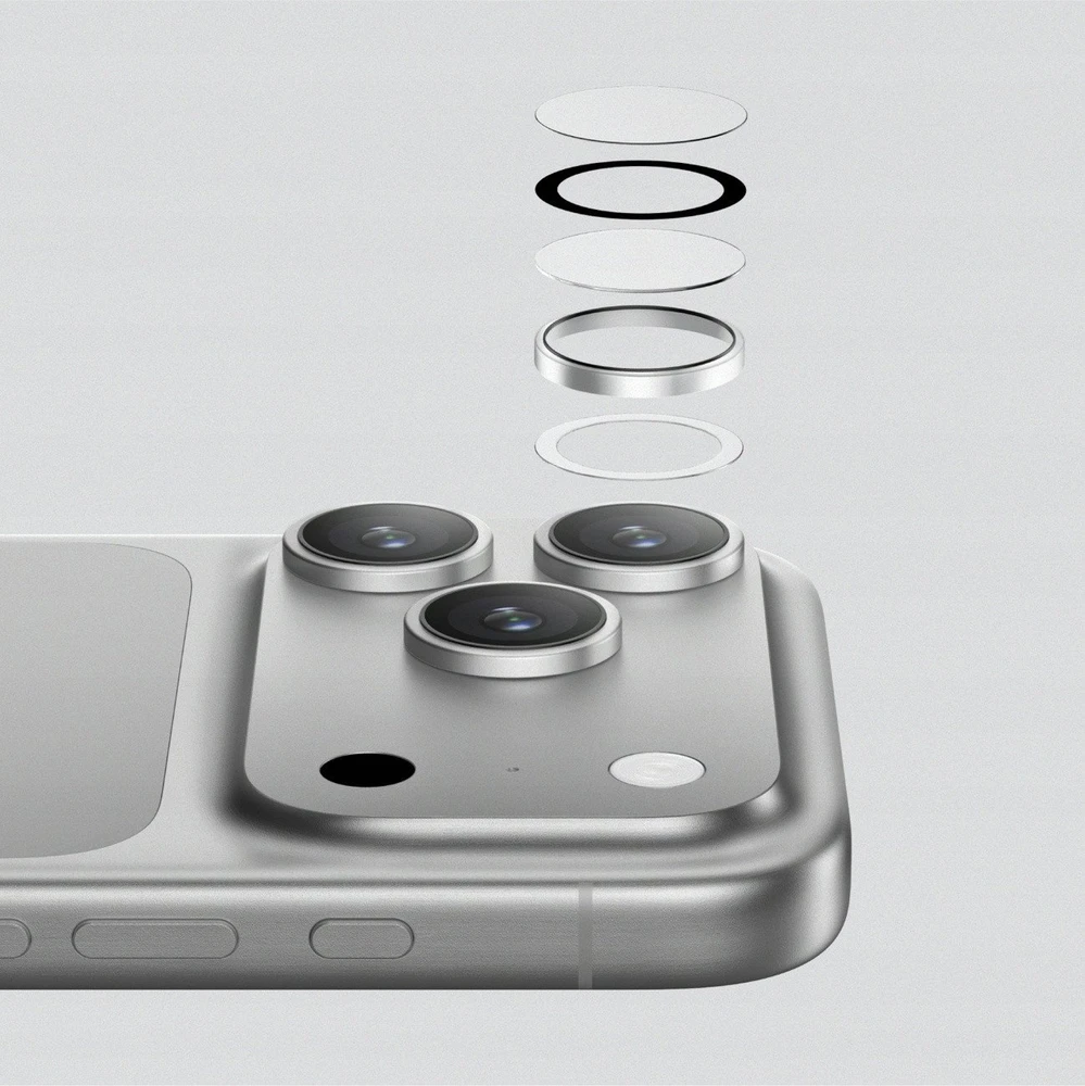 AmazingThing Sapphire Camera Glass skirtas Apple iPhone 17 Pro / Pro Max – su juodos spalvos Frame