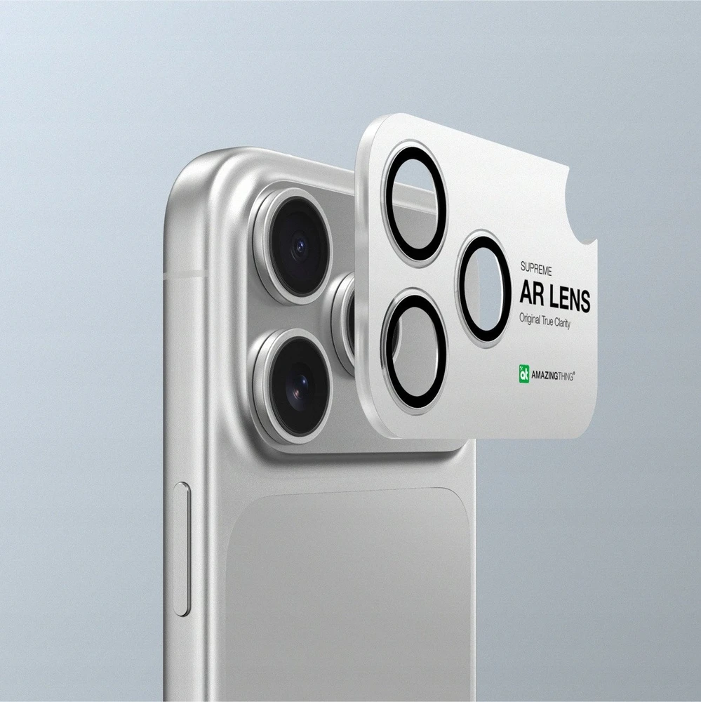 AmazingThing Sapphire Camera Glass skirtas Apple iPhone 17 Pro / Pro Max – su juodos spalvos Frame