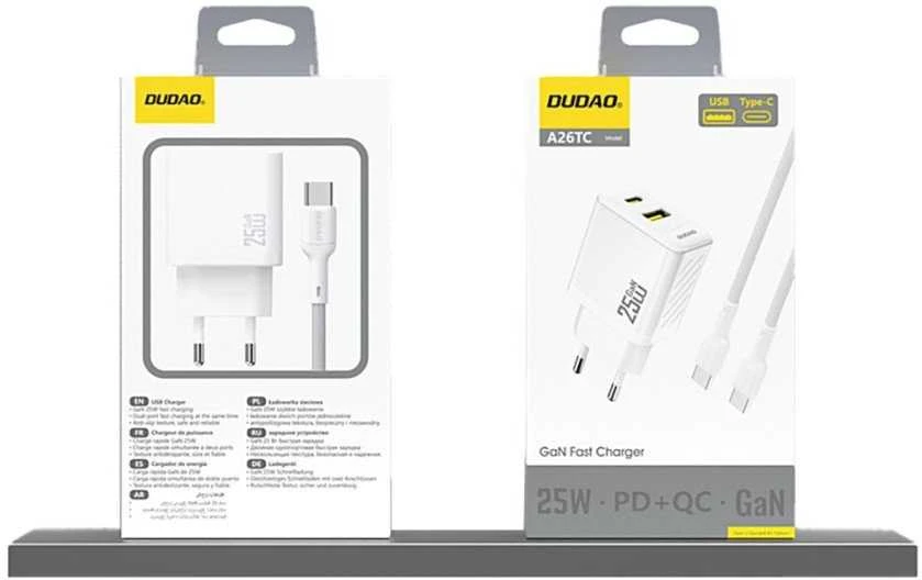 Dudao A26T 25W GaN įkrovikliai pakuotėse