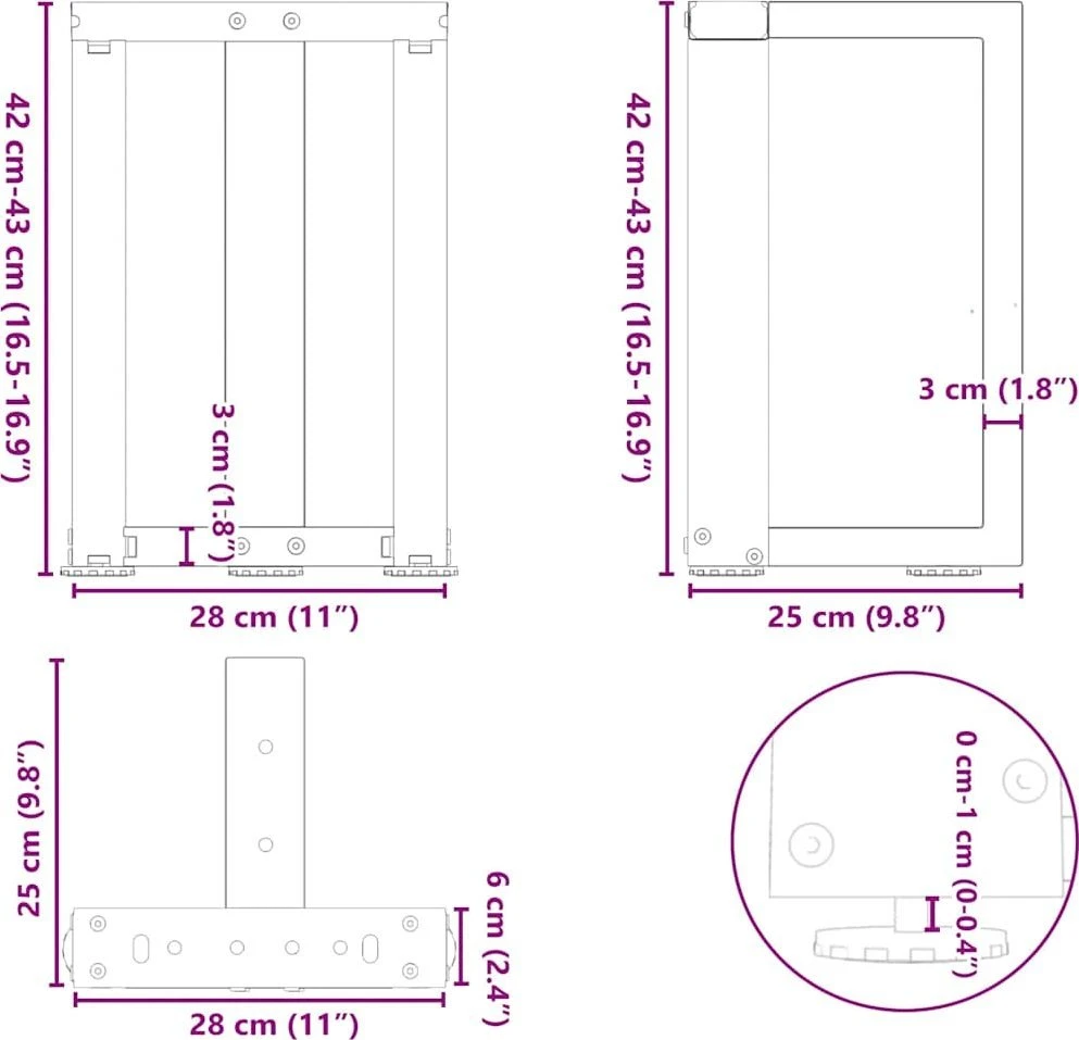 Kavos staliuko kojelės, T formos, 2 vnt., juodos, 28x25x(42-43) cm, plienas