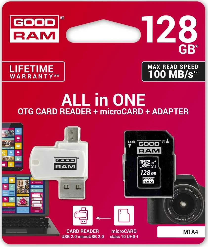 GOODRAM 128GB microSDXC 10 klasės UHS I + adapteris + skaitytuvas