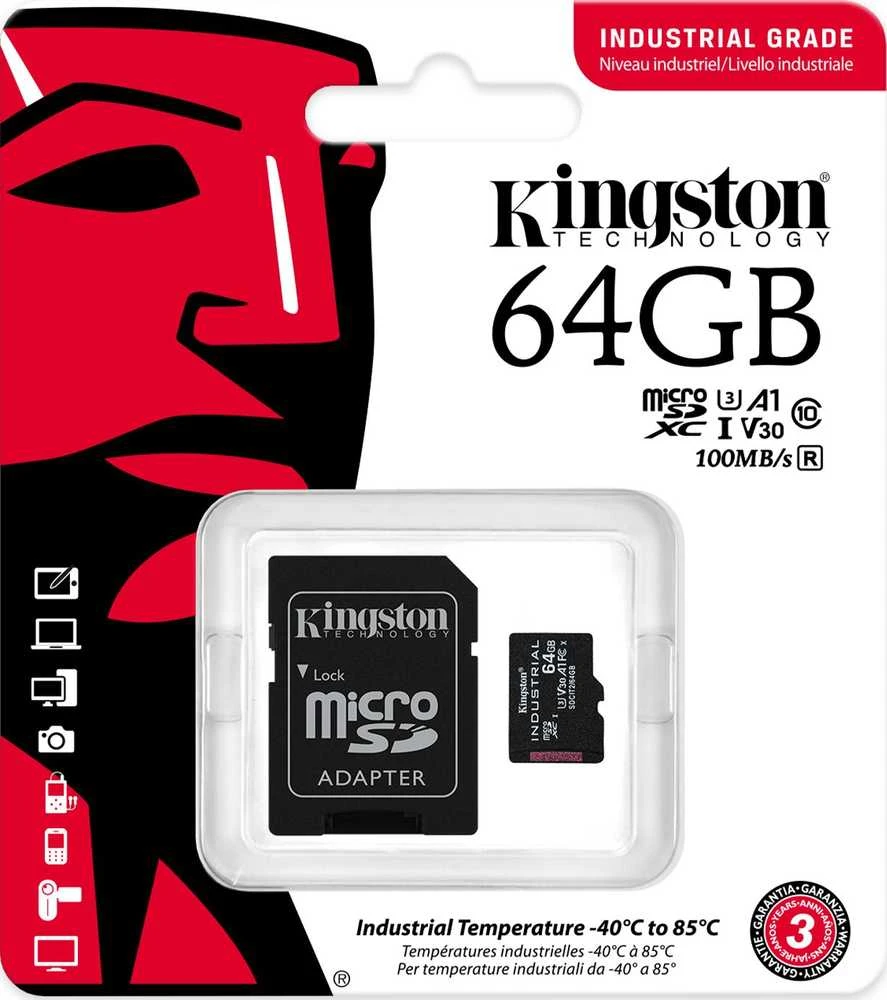 Atminties kortelė Kingston | UHS-I | 64 GB | Micro SDHC/SDXC Industrial Card | Flash atminties klasė Class 10, UHS-I, U3, V30, A1 | SD Adapteris
