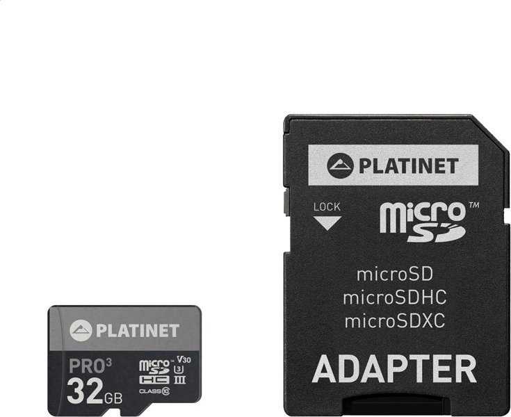 Atminties korta Platinet MicroSD 32GB (class10 UHS-III 90MB/s) + SD Adapteris