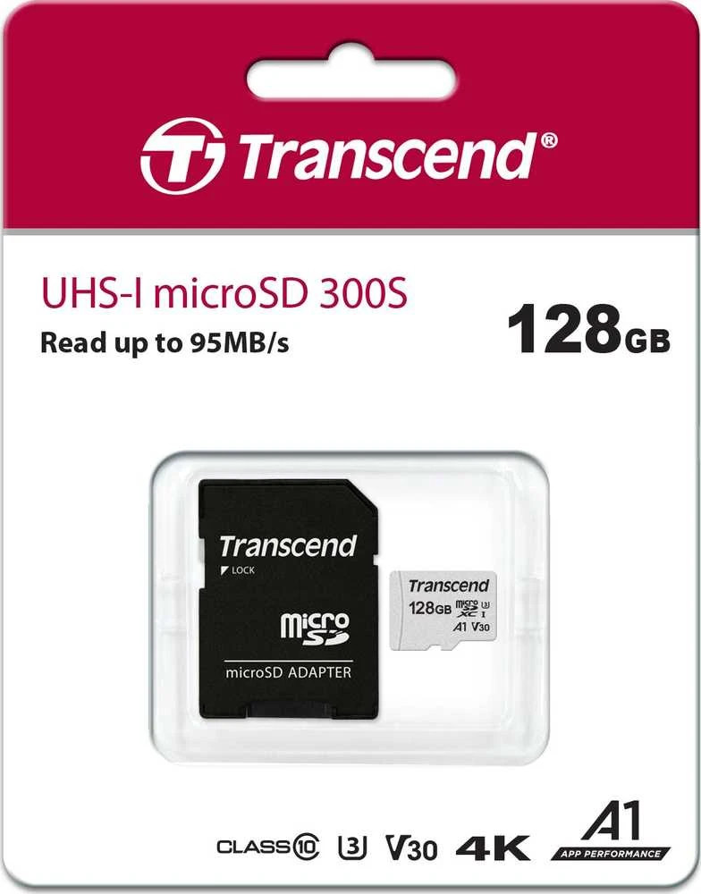 Atminties kortelė su adapteru Transcend microSDXC USD300S 128GB CL10 UHS-I U3 iki 95MB/S