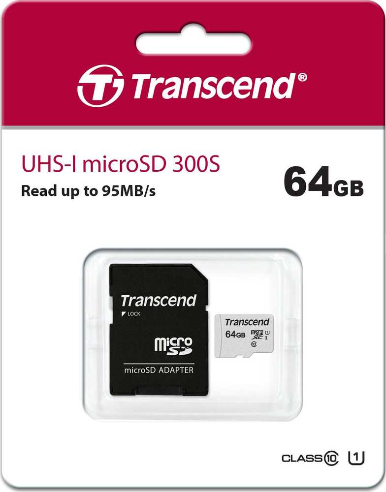 Atminties kortelė su adapteriu Transcend microSDXC USD300S 64GB CL10 UHS-I iki 95MB/S
