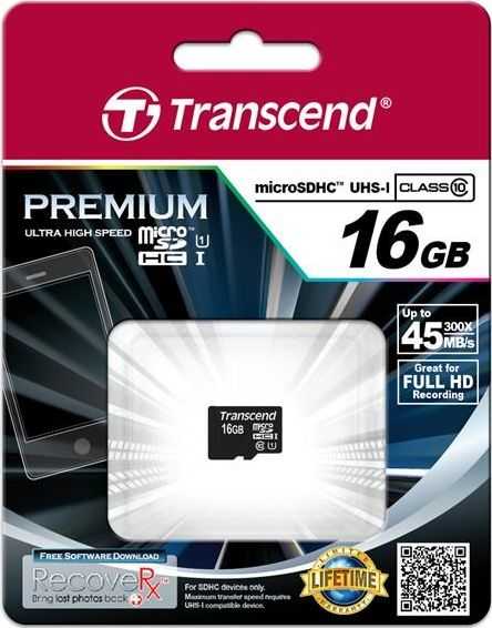 Atminties kortelė TRANSCEND 16GB Micro SDHC 10 klasės UHS-I kortelė