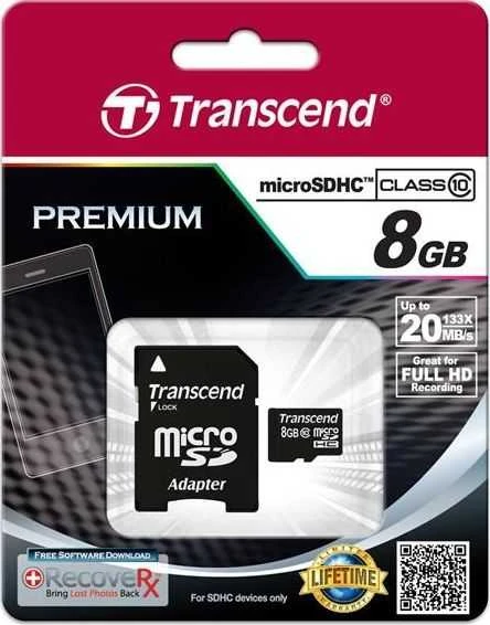 Atminties kortelė Transcend Micro SDHC 8GB 10 klasės + SD adapteris