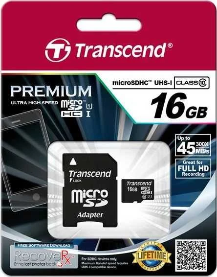 Atminties kortelė TRANSCEND 16GB Micro SDHC Class 10 UHS-I su adapteriu