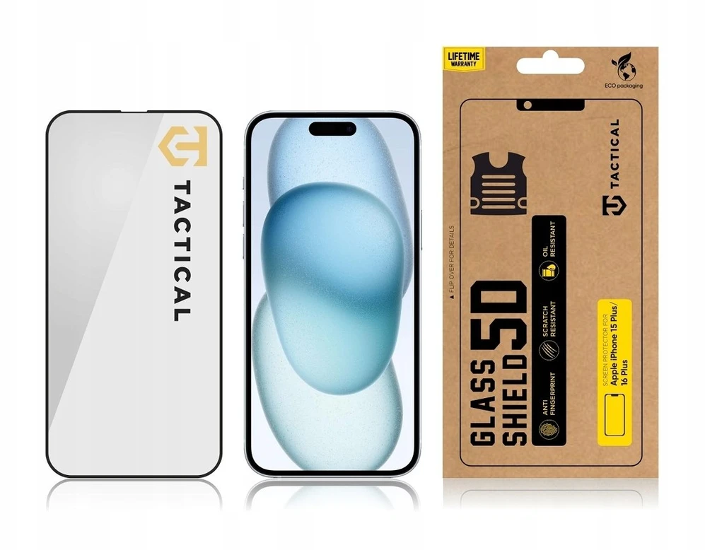 Tactical apsauginis stiklas Shield 5D skirtas Apple iPhone 15 Plus su juodos spalvos krašteliu