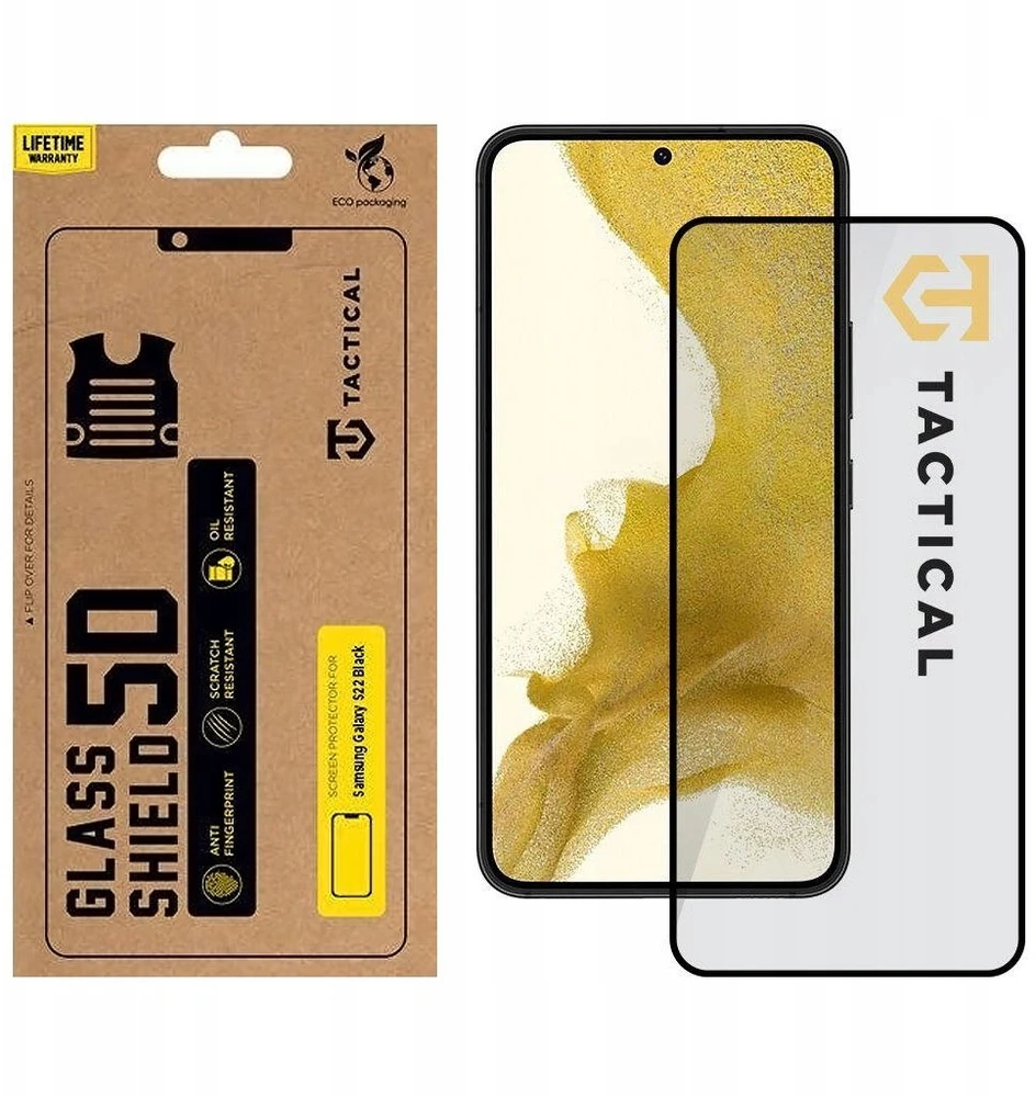 Tactical apsauginis stiklas Shield 5D skirtas Samsung Galaxy S22 su juodos spalvos krašteliu