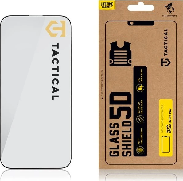 Tactical apsauginis stiklas Shield 5D skirtas Apple iPhone 16 Pro Max su juodos spalvos krašteliu