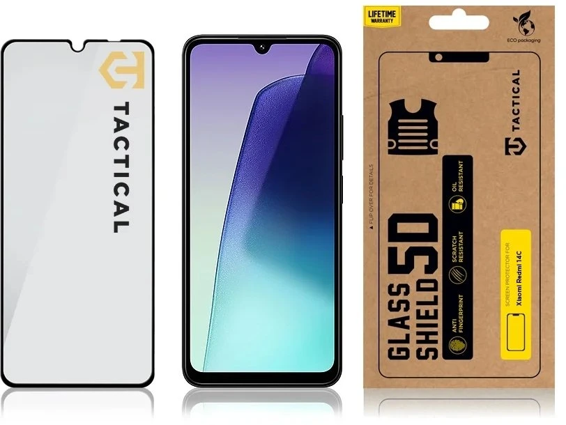 Tactical apsauginis stiklas Shield 5D skirtas Xiaomi Redmi 14C 4G/Poco C75 su juodos spalvos krašteliu