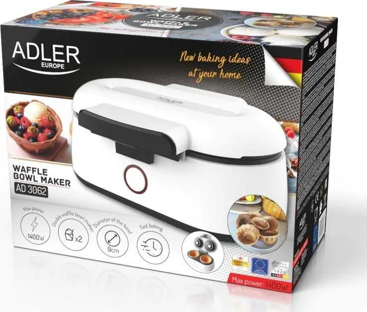 Vaflinė Adler | Vaflinio dubens gaminimo aparatas | AD 3062 | 1000 W | Kepinių skaičius 2 | Dubuo | Baltas