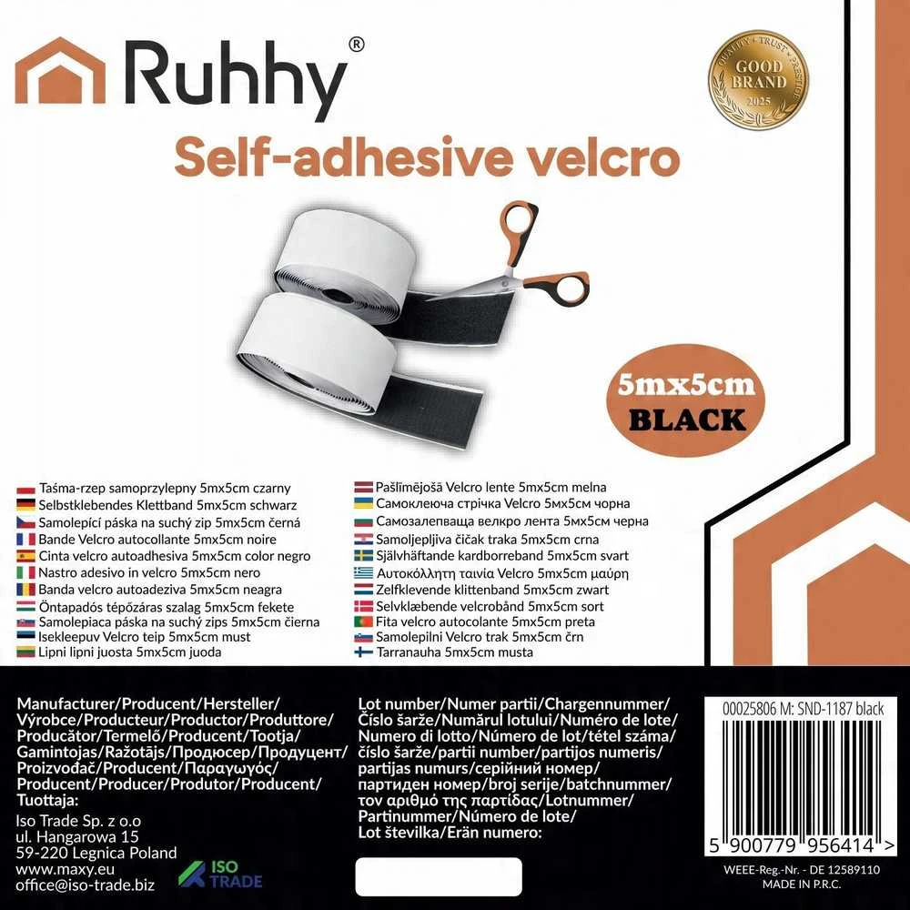 Self-adhesive Velcro tape 5mx5cm juodas Ruhhy 25806