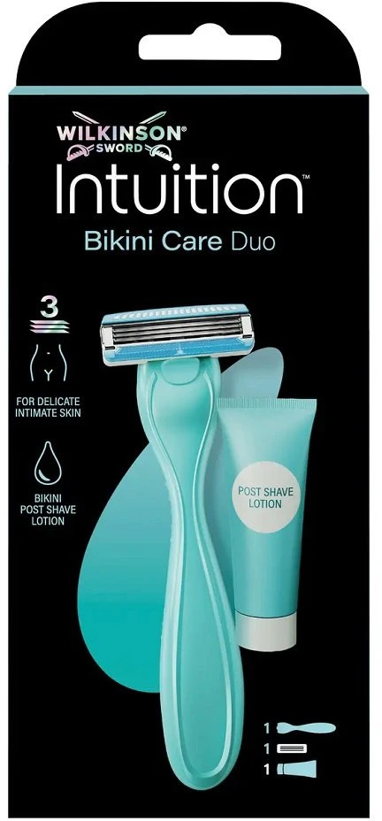 Wilkinson Sword „Wilkinson Intuition Bikini Care Duo“ skustuvas su 3 ašmenimis ir raminančiu balzamu po skutimosi, 40 ml
