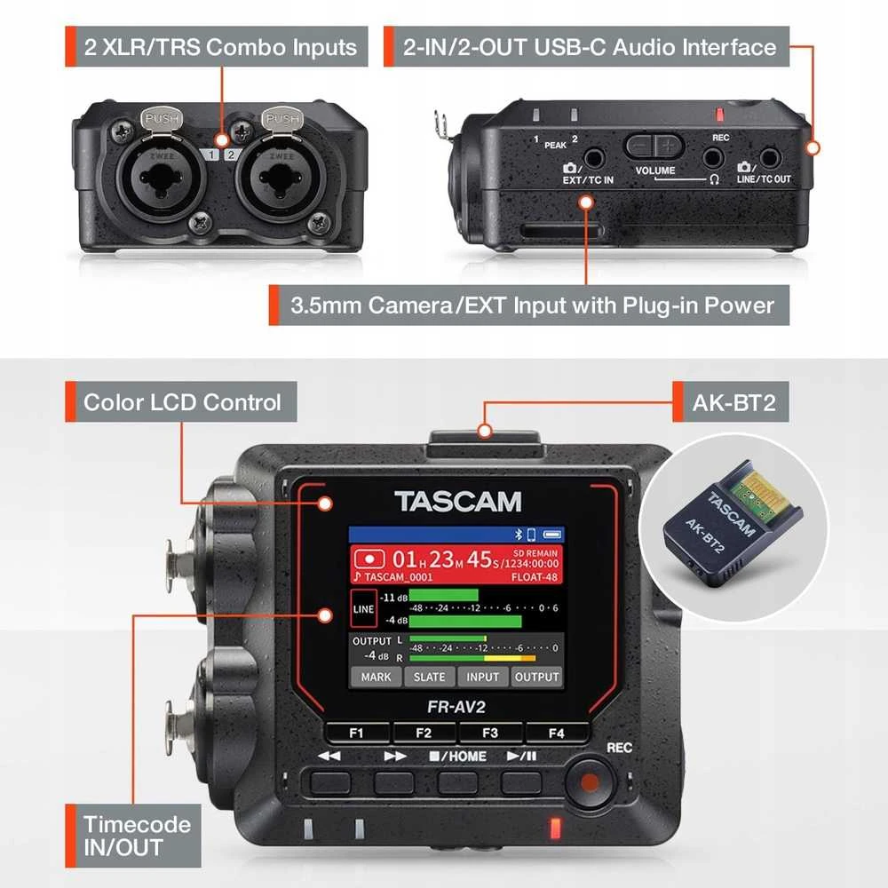 Tascam FR-AV2 jungčių ir ekrano funkcijų diagrama