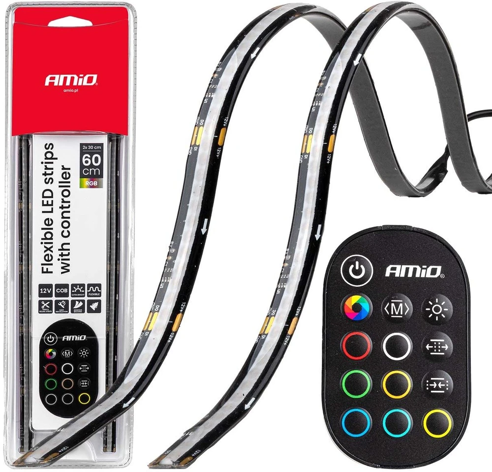 Amio Lanksčios šoninės LED COB juostos 2x30 cm 12V, RGB įvairių spalvų, su pultu