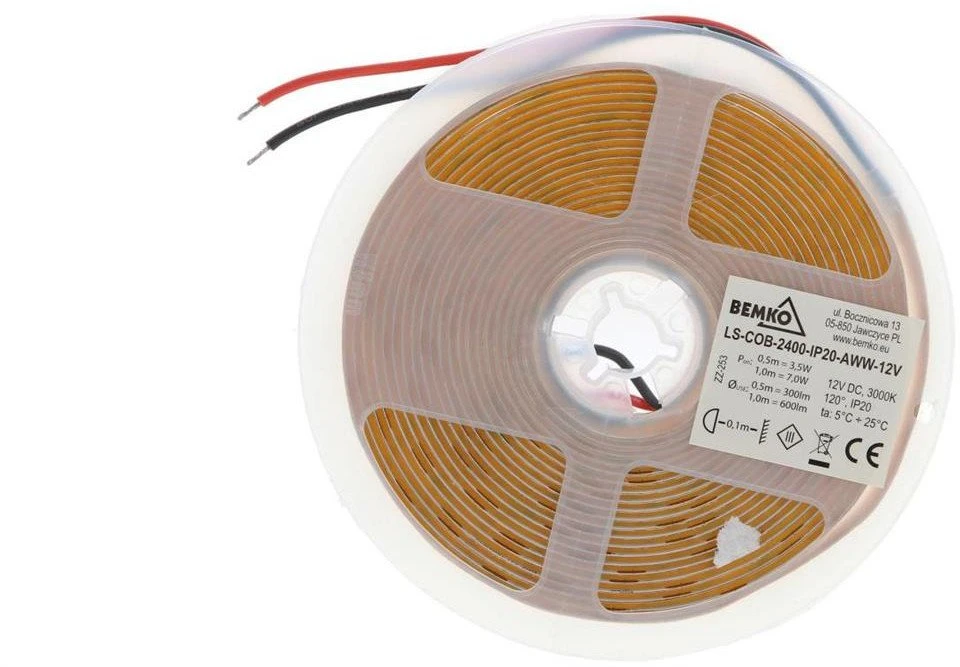 Bemko 12W/m COB LED juosta PREMIUM, 12V, 480LED/m, 3000K, IP20, 5m ritė