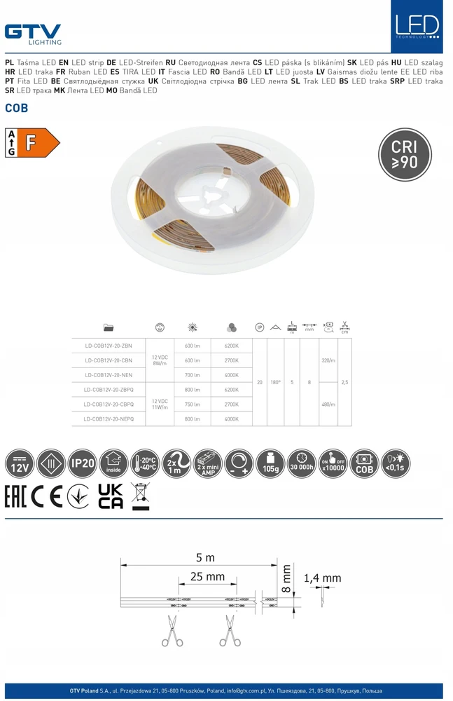 GTV LED juosta COB 12V, 320LED/m, 8mm, 8W/m, be gelio, neutrali balta
