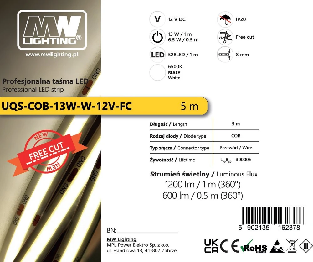Mpl Power Mw Apšvietimas TAŚMA LED LED-FC-COB-12V/13W-CW/5M Free Cut – 6000 K MW apšvietimas