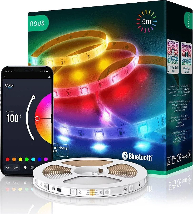 LED juostos komplektas su Bluetooth valdikliu ir maitinimo šaltiniu, RGB, 5m, 24W, TUYA / Smart Life, NOUS