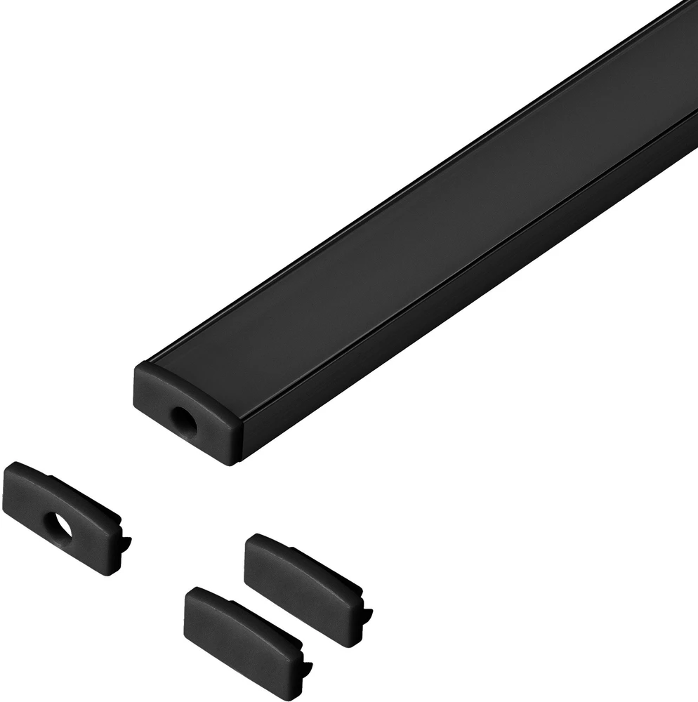 Orno Rinkinys: Komplektas: aliuminio profilis LED juostoms, 2000 x 16,1 x 6,05 mm, paviršinis montavimas, juodas, juodas dangtelis, 4 galiniai dangteliai