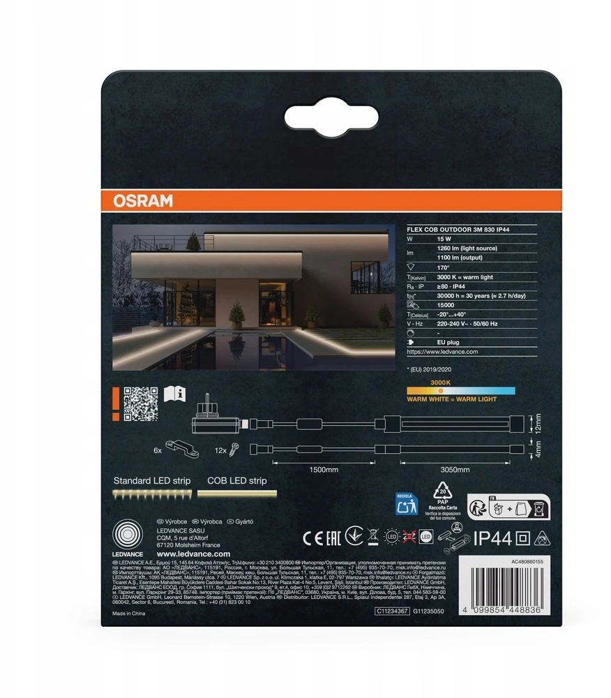 Osram 5W/m LED COB juosta, 3000K, IP44, 3m
