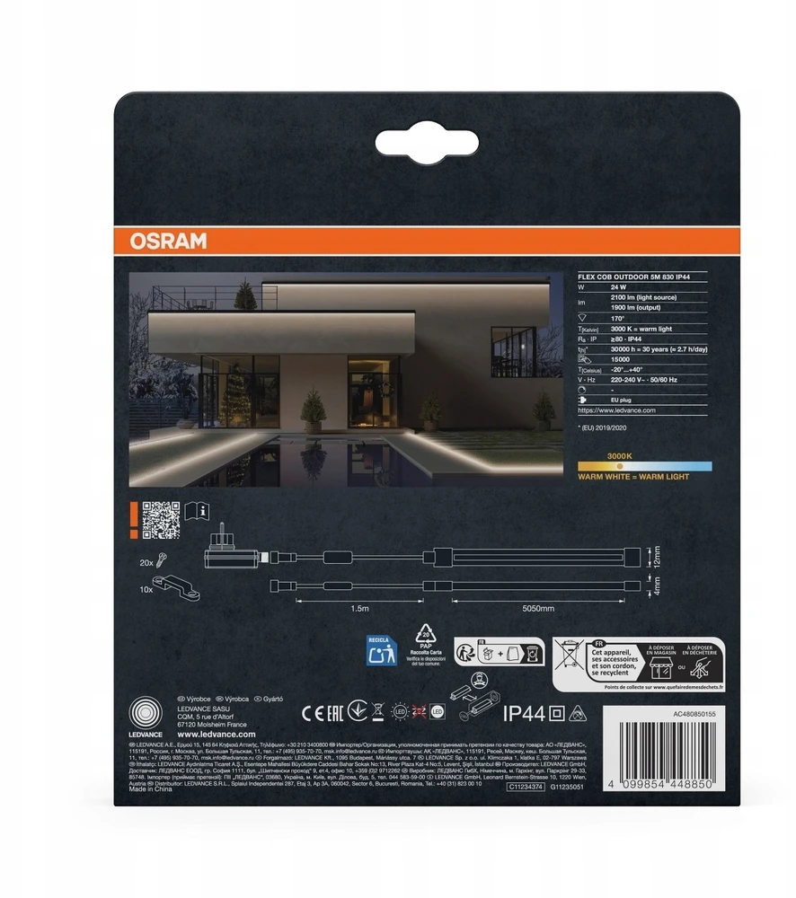 Osram 4,8W/m LED COB juosta, 3000K, IP44, 5m