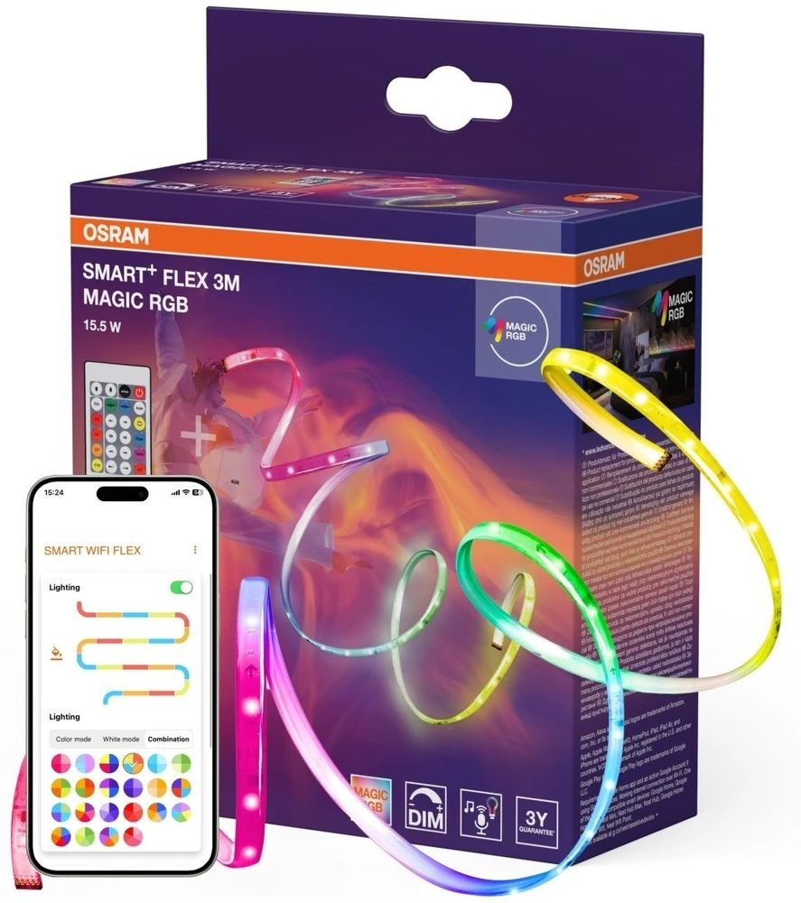 Osram 5,2W/m LED juosta SMART+ WIFI MAGIC, RGB, IP20, su nuotolinio valdymo pulteliu, 3m