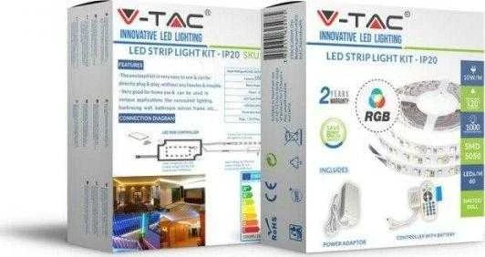 V-tac 10 W/m LED juosta 5metrų (nekarpoma), SMD5050, 60 LED/m, neatspari drėgmei (IP20), RGB, EU jungiklis