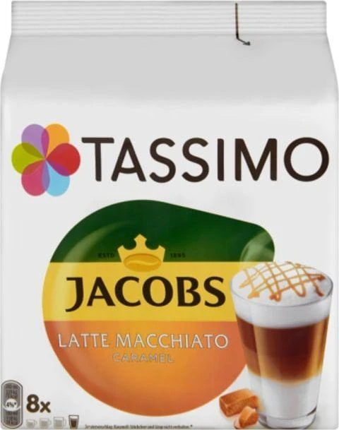 Kavos kapsulės Tassimo Latte Macchiato Caramel (suderinamos su Bosch Tassimo kapsuliniais kavos aparatais), 8+8 vnt.