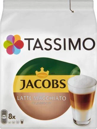 Jacobs Kavos kapsulės Tassimo Latte Macchiato Classico (suderinamos su Bosch Tassimo kapsuliniais kavos aparatais), 8+8 vnt.