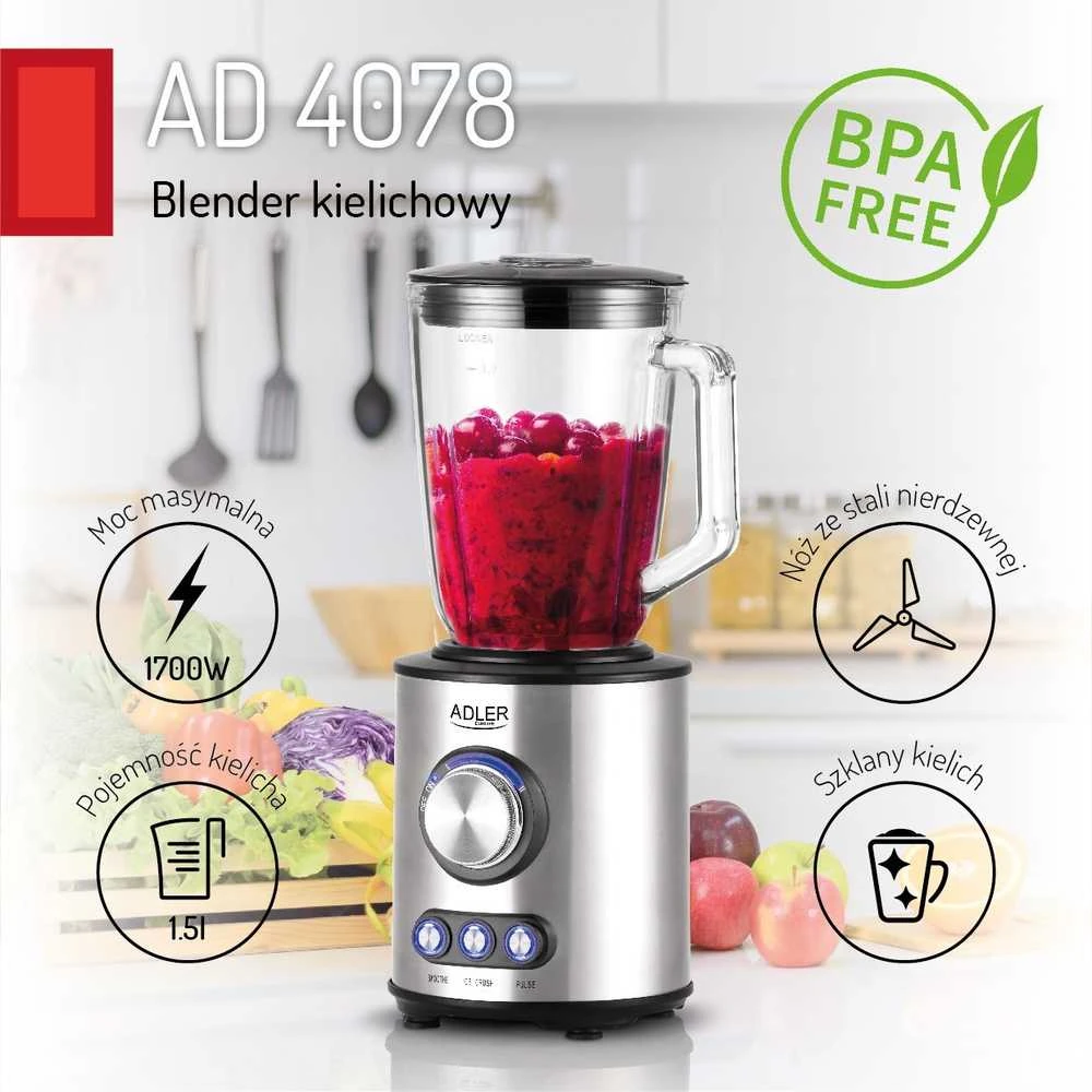 Adler | Maišytuvas | AD 4078 | Tabletop | 1700 W | Jar material Glass | Jar capacity 1.5 L | Ice crushing | Nerūdijantis plienas