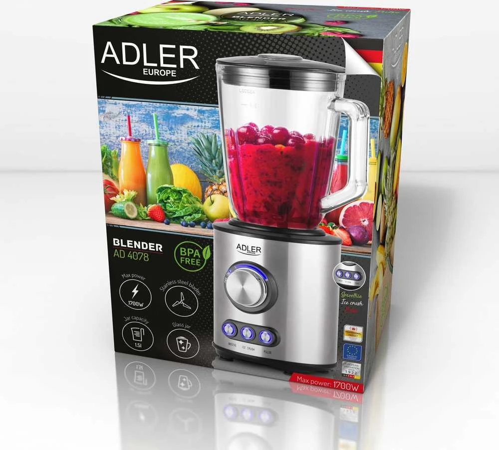 Adler | Maišytuvas | AD 4078 | Tabletop | 1700 W | Jar material Glass | Jar capacity 1.5 L | Ice crushing | Nerūdijantis plienas