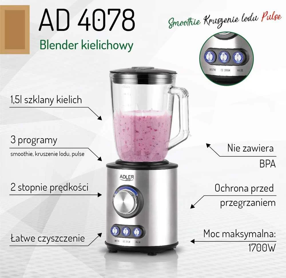 Adler | Maišytuvas | AD 4078 | Tabletop | 1700 W | Jar material Glass | Jar capacity 1.5 L | Ice crushing | Nerūdijantis plienas