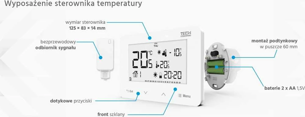Tech Belaidis kambario valdiklis ST293 V2, dviejų būsenų (stiklinis priekinis skydelis), juodas