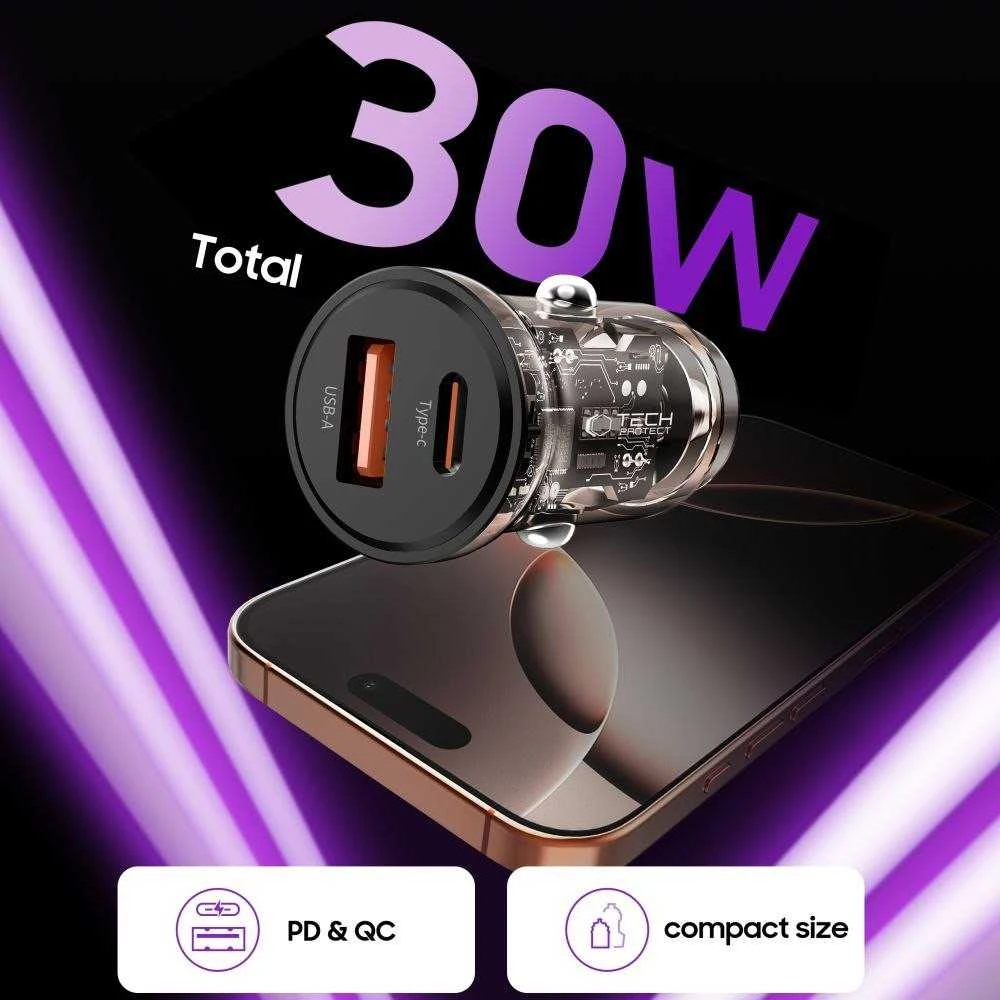 Tech-Protect CC01 30W 2 prievadų USB-A / USB-C automobilinis įkroviklis - Juodas