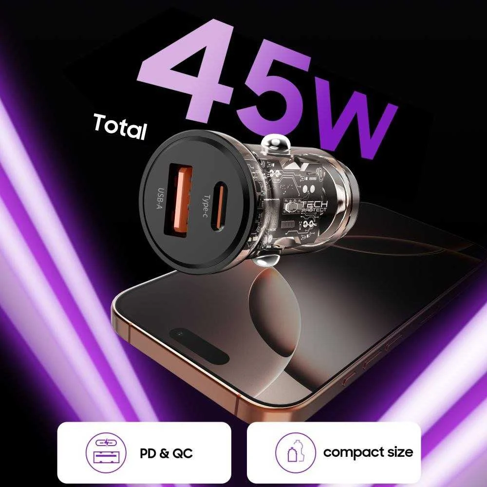 Tech-Protect CC01 45W 2 prievadų USB-A / USB-C automobilinis įkroviklis - Juodas