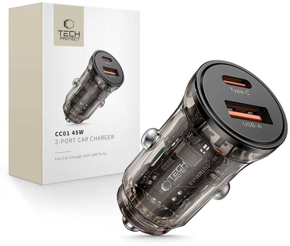 Tech-Protect CC01 45W 2 prievadų USB-A / USB-C automobilinis įkroviklis - Juodas