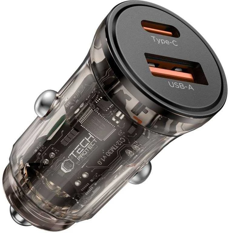 Tech-Protect CC01 30W 2 prievadų USB-A / USB-C automobilinis įkroviklis - Juodas